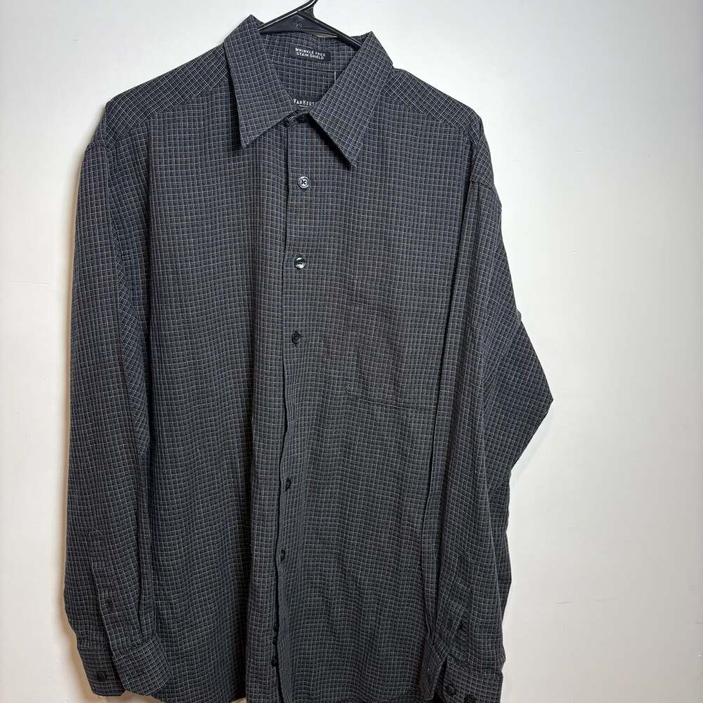 Van Heusen Men's Wrinkle Free Stain Shield Black Gray Grid Long Sleeve Shirt LT